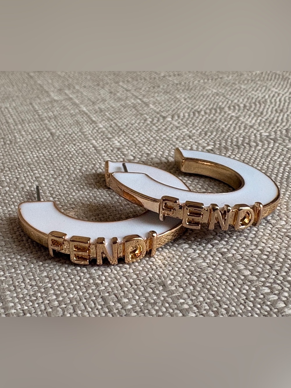 Fendi White and Gold Logo Hoop Earrings with Raised Lettering - Picture 5 of 5